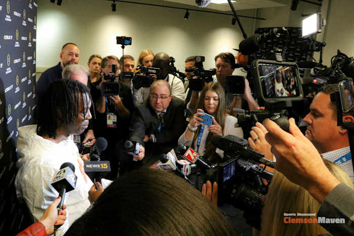 Travis Etienne talks to the media after the national championship game on Jan. 13.